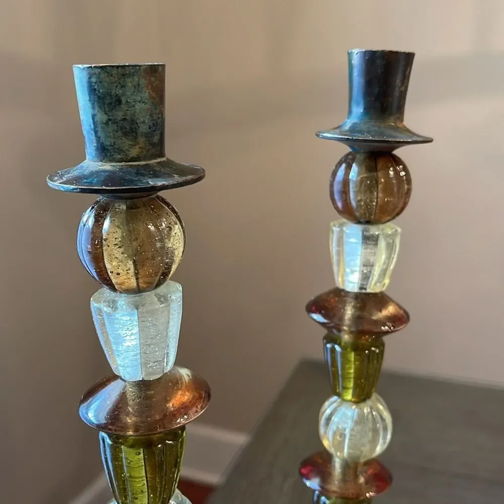 Zodax Candle Stick Holder Set of Green and Amber Glass Beads Bohemian